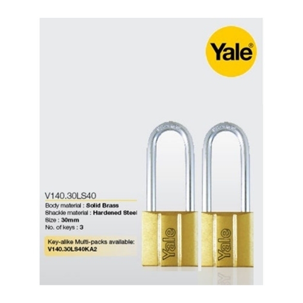 Picture of Yale V140.30 LS40 KA2, Long Shackle Brass Padlocks 140 Series Key Alike 2, V14030LS40
