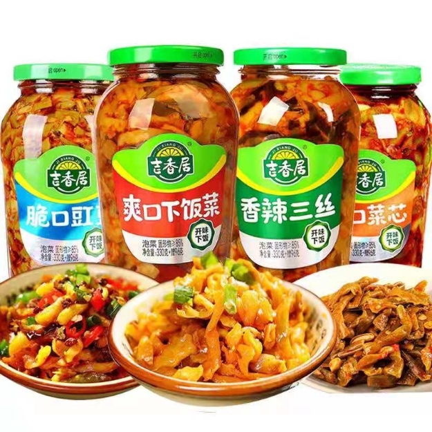 Picture of Jixiangju pickle(Jixiangju (open-flavored sauerkraut, crispy cowpea, beef with green pepper, spicy three-wire, crispy vegetable core, refreshing meal) 240g-330g,1 bottle, 1*12 bottle|吉香居小菜（开味酸菜,脆口豇豆,青椒牛肉,香辣三丝,脆口菜芯,爽口下饭菜）240g-330g,1瓶，1*12瓶