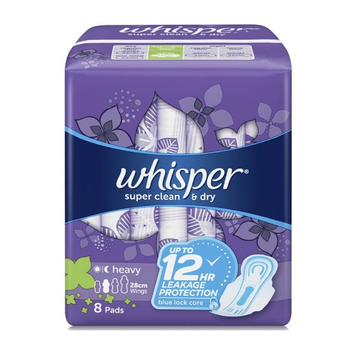 Picture of Whisper Super Clean & Dry, Heavy Flow & Overnights 8 Pads With Wings,  WHI117